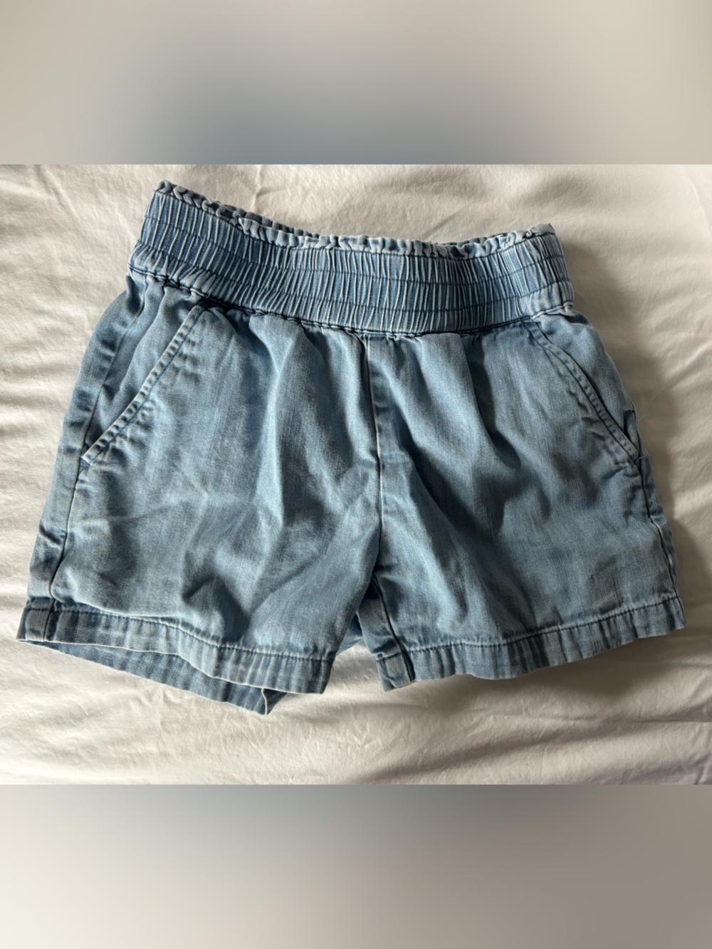 Hanna Andersson Light Blue High-Waist Smocked Denim Shorts